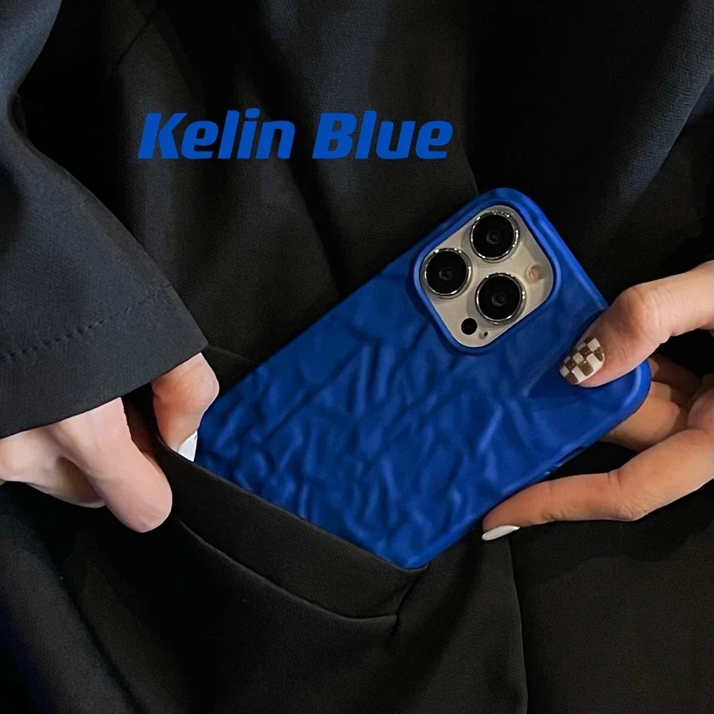 Fashion Klein Blue Tin Foil Case for iPhone 11 12 13 14 15 16 Pro Max Xr Xs Max 15 Plus 3D Water Ripple Matte Shockproof Cover