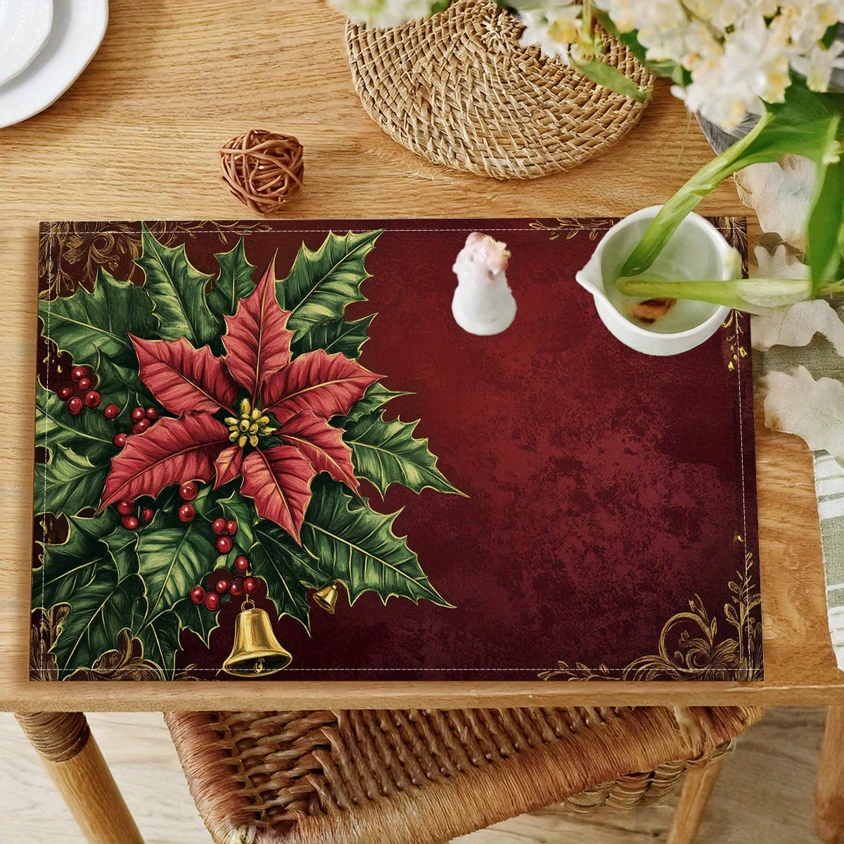 4pcs Retro Christmas Placemats - Vintage Holiday Table Decor with Holly Berry Wreath & Golden Bells Design, Durable