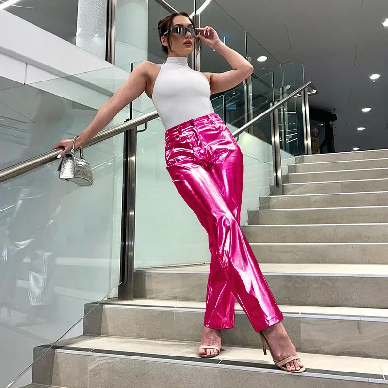 

Women Shiny Faux Leather Pant High Waist Casual Straight Pant Streetwear Pockets Y2K Fashion Female Trousers Autumn Capris 2023