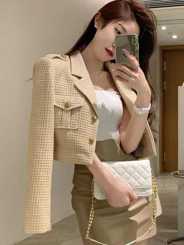 Office Lady Sexy Cropped Tweed Jackets Korean Fashion Slim Blazer Coat Women Simple Casual Long Sleeve Buttons Outwear New