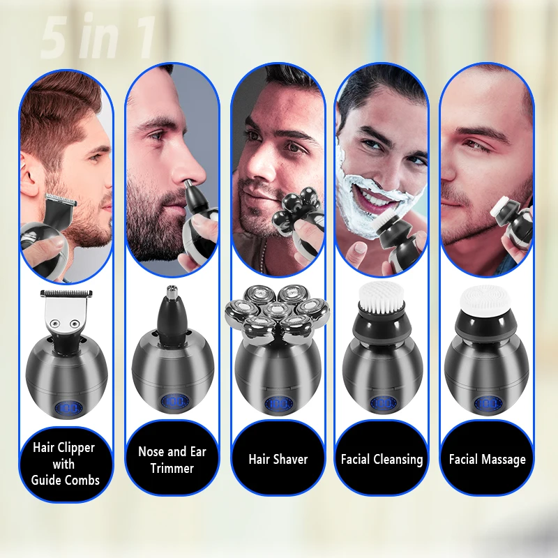 7D Floating Head Men\'s Electric Shaver USB Charging Dock LCD Waterproof Portable Nose Hair Trimmer Bald Razor Machine Shaving