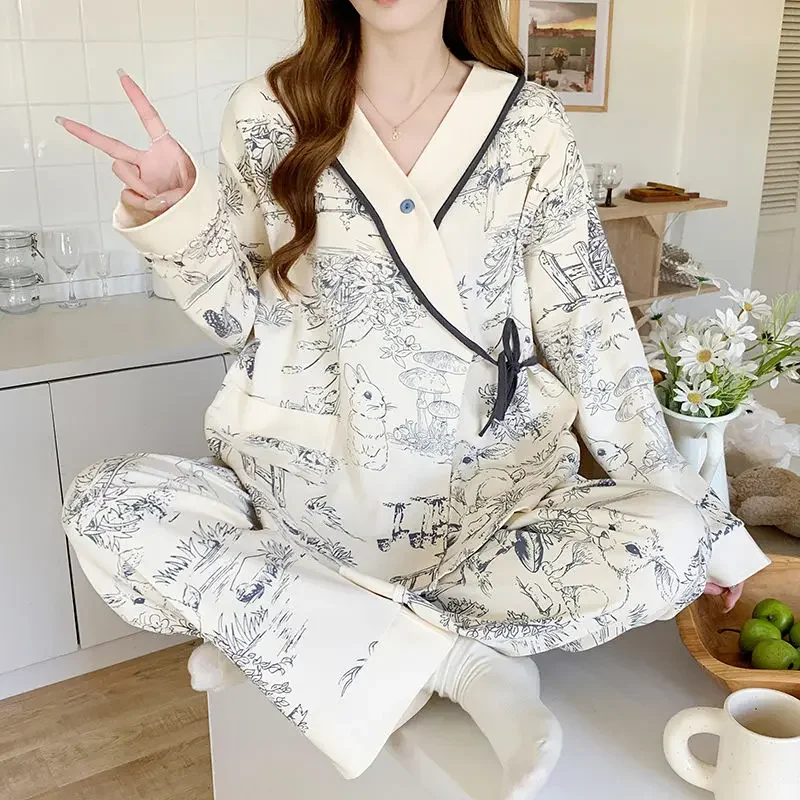 

Autumn Maternity Dress Pregnant Women Pajamas Feeding Pregnant Expect To Produce Home Wear with Breast Pad Nursing Clothing