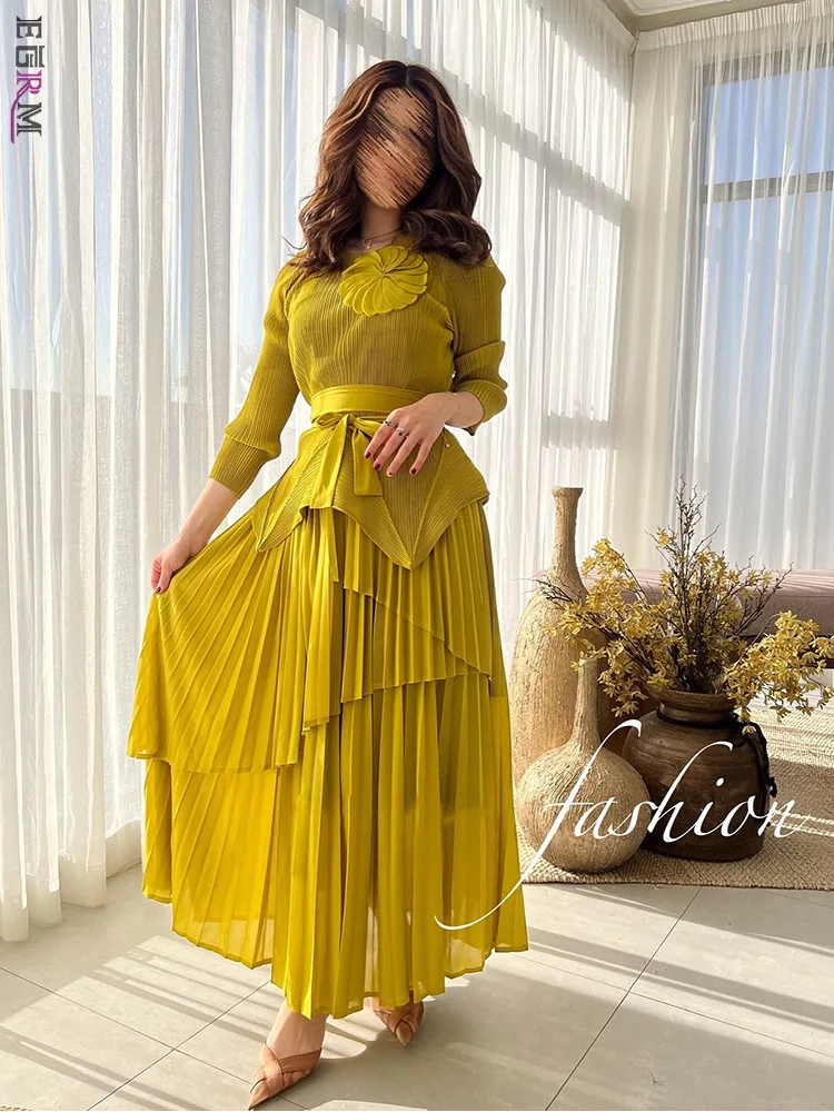 

EGRM Fashion Party Pleated Skirt Set Women Chest Flower Decal Belt Gathered Waist Tops&A-line Folds Long Skirt 2 Piece Sets 8R15