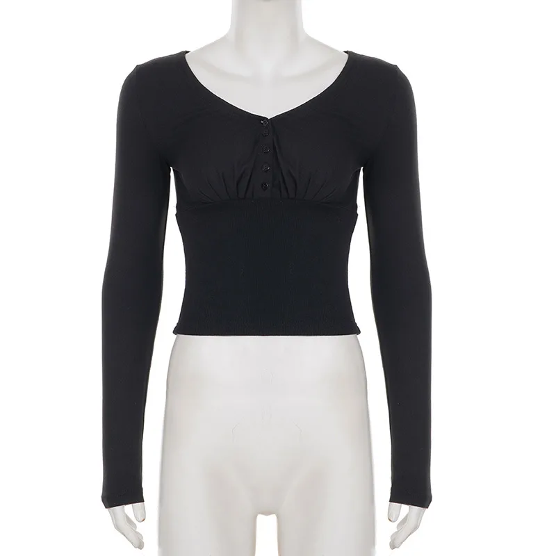 

Корейский стиль, пикантная девушка, свободная грудь, с v-образным вырезом, притянутая талия, утягивающая однотонная трикотажная футболка с длинными рукавами