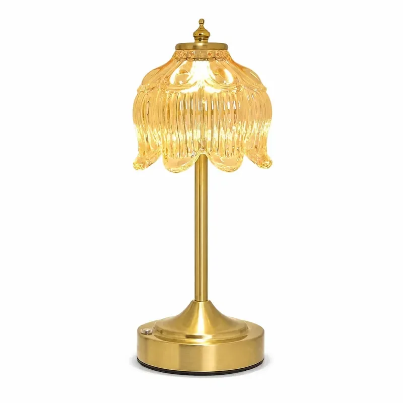 New Flexible LED Desk Lamp Crystal Flower Glass Shade Rechargeable Battery Creative Decorative Light for Bedroom Home