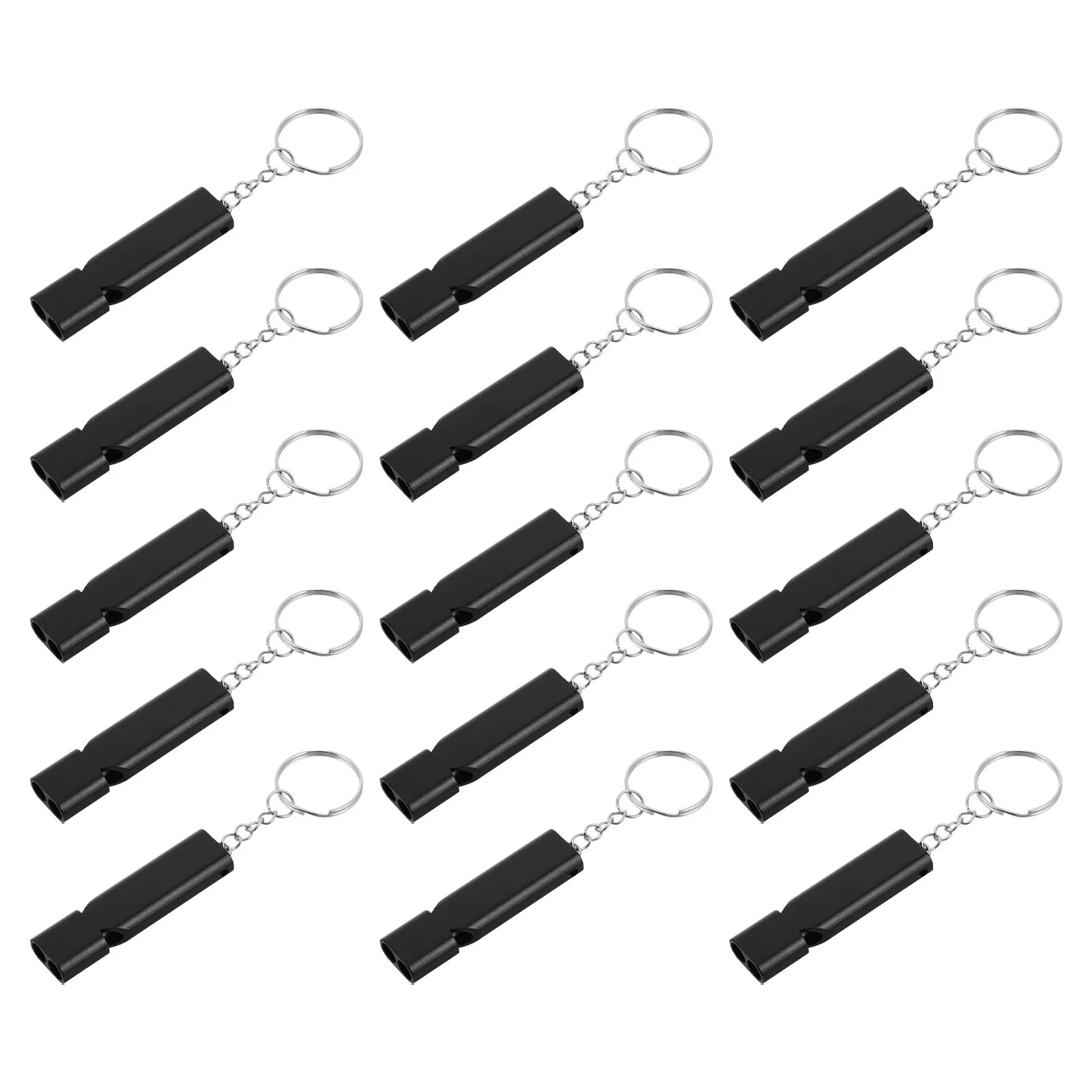 

15Pcs Outdoor Survival Whistles Aluminum Alloy Double Tube Loud Emergency Safety Whistles Keychain Black for Hiking Camping