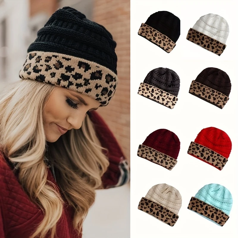 Winter Bonnet Hat for Women Fashion Warm Leopard Solid Color Matching Skull Cap Autumn Casual Turban Hip Hop Beanies