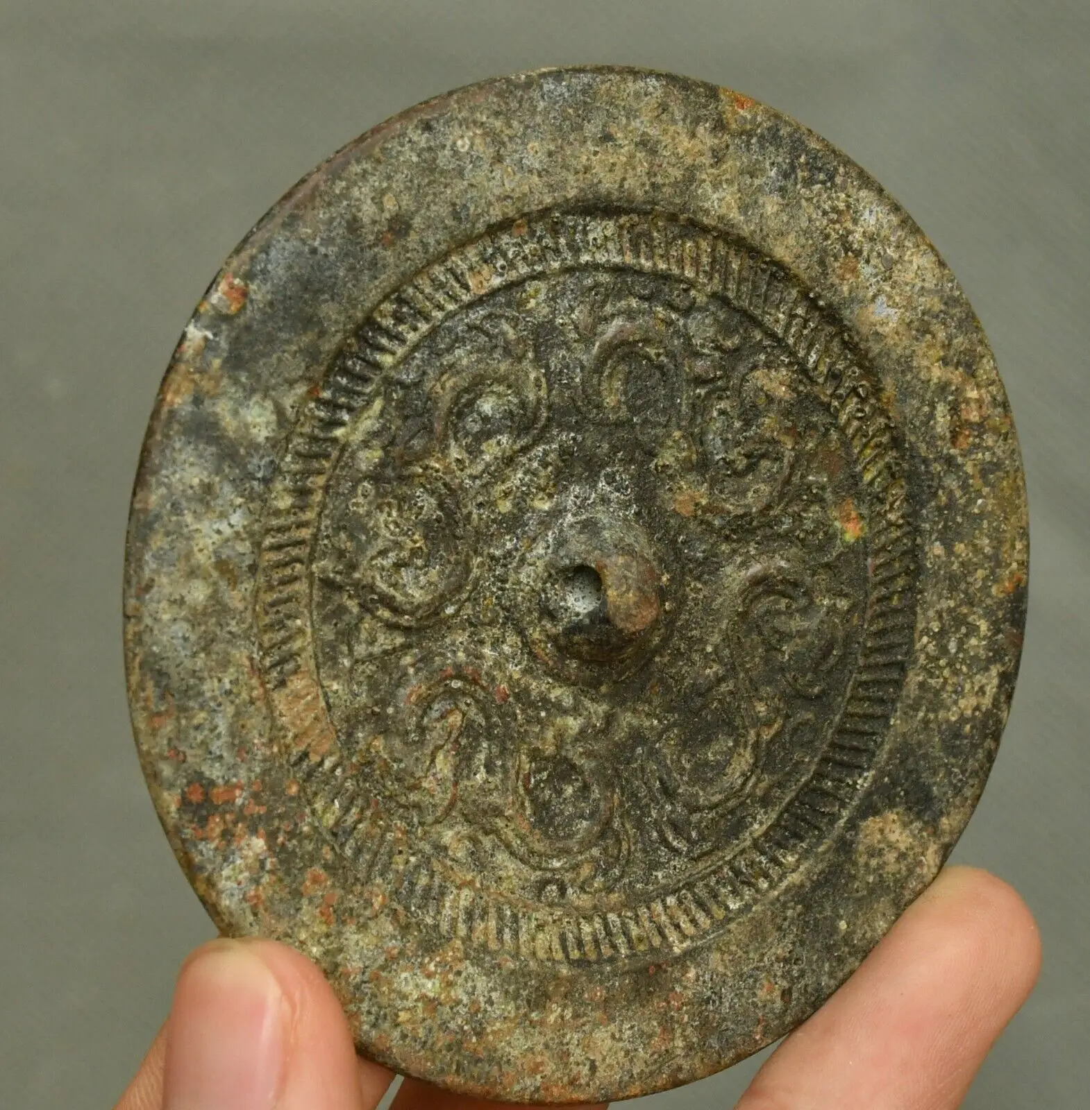 9 cm, rare, old China, bronze dynasty, palace, dragon, beast, bronze mirror - brass gilt