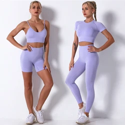 Seamless Yoga Set Sport Pants Bra Gym Suits Fitness Shorts Crop Top Women High Waist Running Cycling Leggings Sports Sets