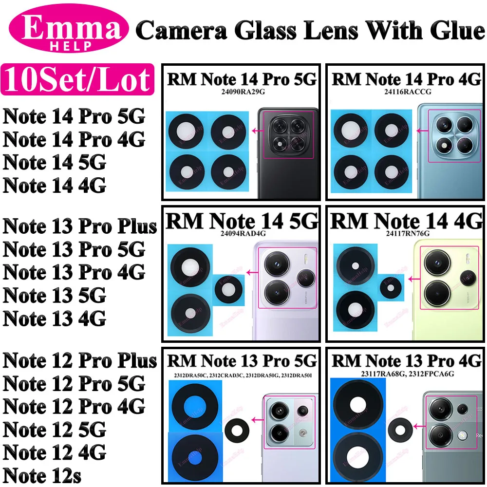 10set Rear Back Camera Glass Lens for Redmi Note 13 14 Pro 4G 12 Pro Plus 5G 12T 12S Note 13 Pro+ Replacement Part with Adhesive