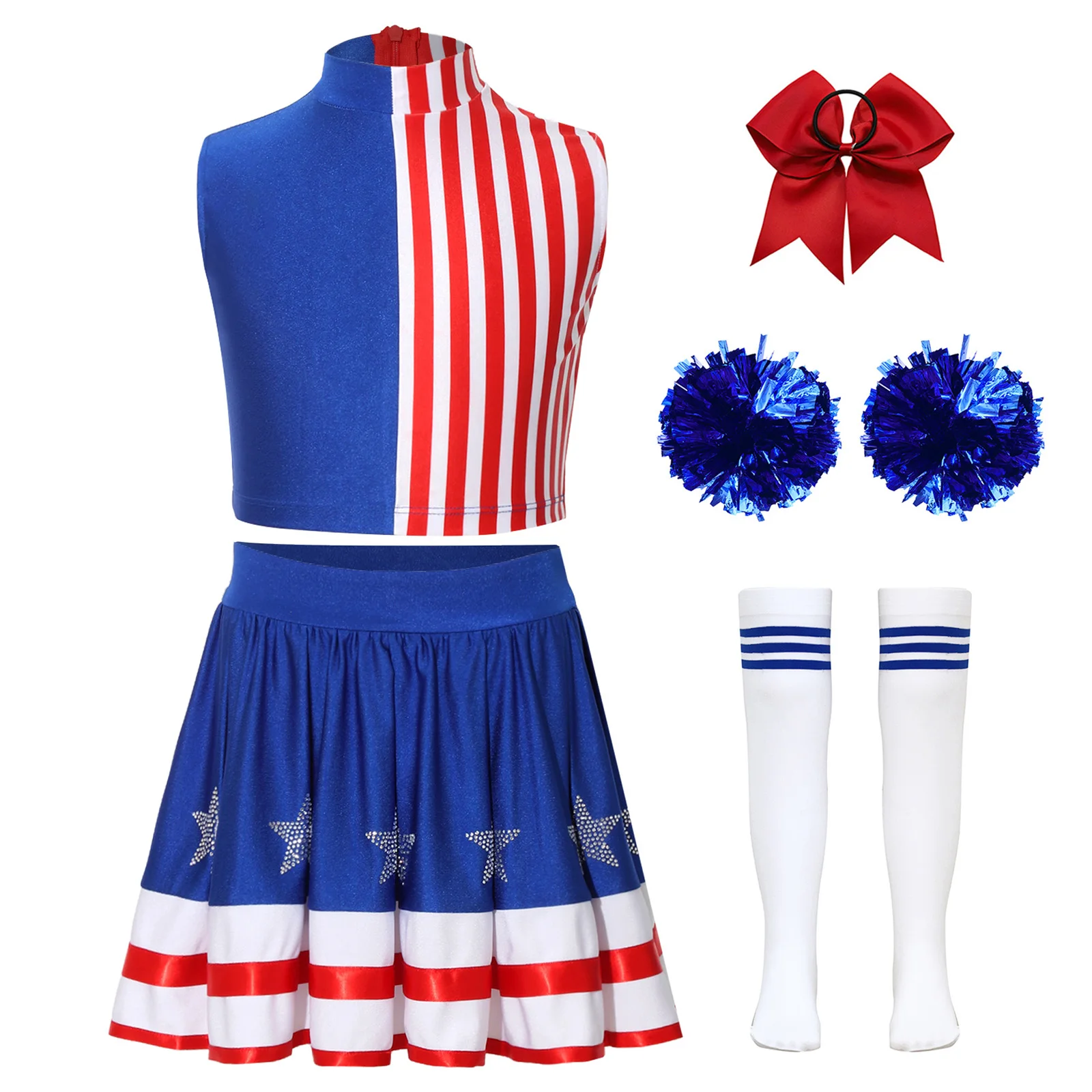 Cheerleading-Outfit für Kinder und Mädchen, Kostüm zum Unabhängigkeitstag, gestreiftes Crop-Top mit Rock mit Strass-Sternen, Pompons, Socken und Kopfbedeckung – Detail 4