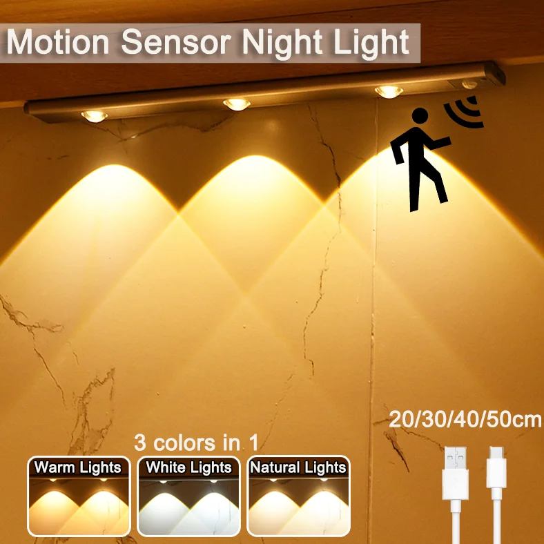 Motion Sensor Night Light ไร้สาย USB ชาร์จไฟ LED Strip ห้องครัวตู้โคมไฟเหนี่ยวนําสําหรับห้องนอน 20/30 /40/50 ซม.