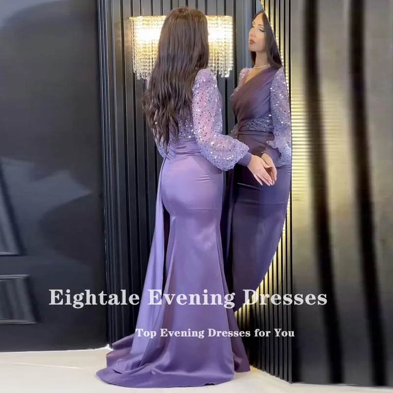 Eightale Dubai Luxury Evening Dress V-Neck Purple Customized Sequin Pearls Long Sleeves Mermaid Prom Party Gown for Wedding