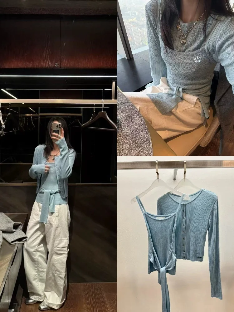 

Sweet And Gentle Striped Crop Top And Cardigan Set Layering Spring 2025 Women's Vest And Strap Tops