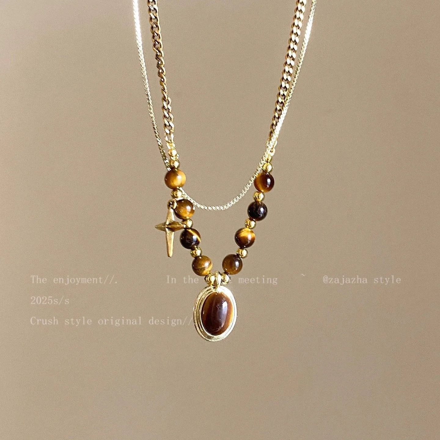 Vintage Fashion 2 Layers Tiger Eye Stone Beads Necklace For Women Personalized Zircon Star Pendant Stackable Choker Jewelry Gift