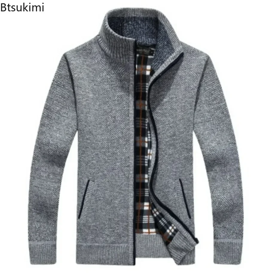 2024 Autumn Winter Men\'s Knitted Jackets Thick Soft Long Sleeve Warm Sweater Coat Stand Collar Fall Tide Casual Cardigan Male