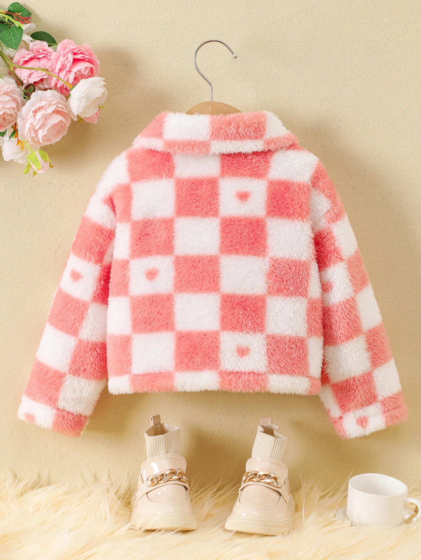 Girls\' autumn and winter warm and comfortable plush fabric fashion simple plaid printed lapel coat short jacket cardigan