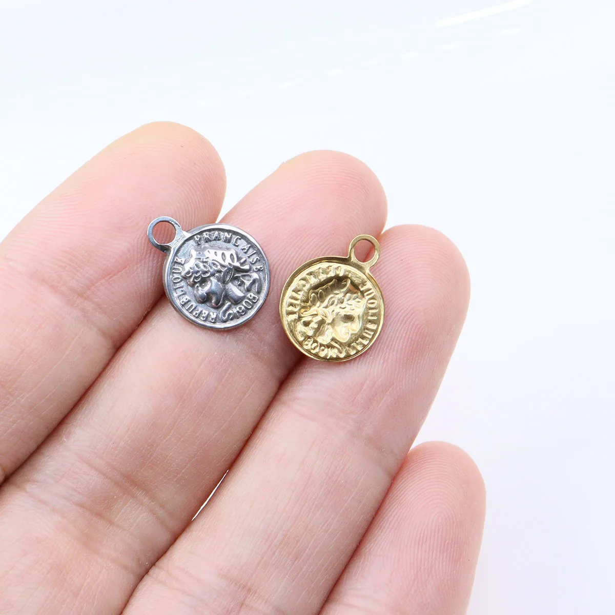 5pcs 10mm Stainless Steel Coin Fashion Jewelry Charms Pendant DIY Handcraft Vacuum Plate Waterproof Antiallergic