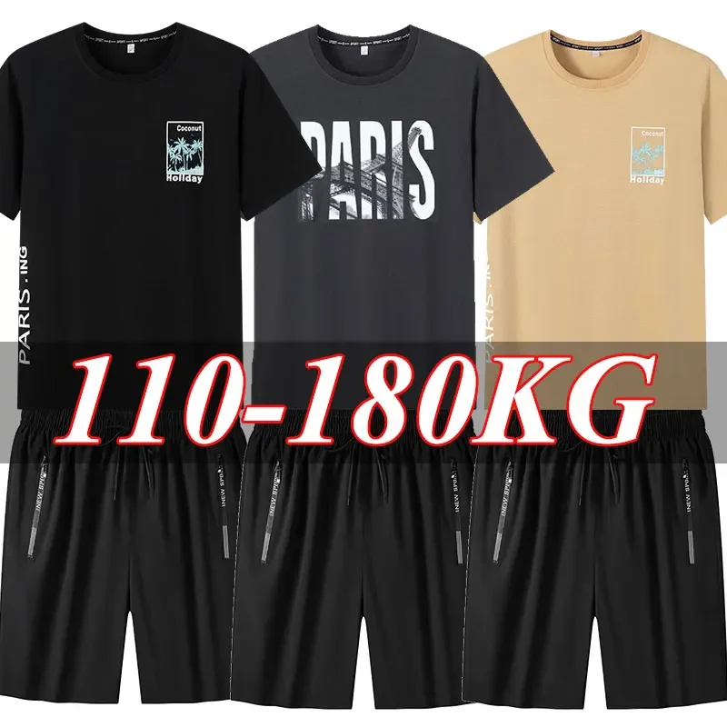 1pc/2pcs Men's T-shirt Shorts Set Plus Size 180KG Summer Casual Short-sleeve Tees Sportswear Fashion Male Round-neck Tops Shorts
