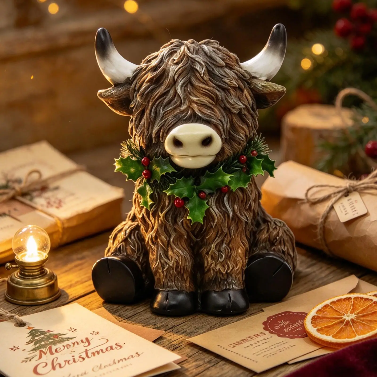 Scottish Highland Cow Statue Ornament 3D Printed Scottish Cow with Wreath Christmas Highland Cow Figurine Indoor Decoration