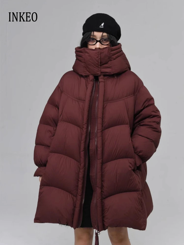 Luxury Thick warm duck down jacket with hooded Women's Oversize 2025 Winter Fashion Mid-length puffer coat Female INKEO DJ576
