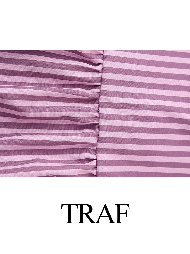 TRAF Women Elegant Stripe Lace Up Top 2024 Fashion Bow Half Sleeve Loose Tops Female Spring Summer Retro All Match Lady Shirt