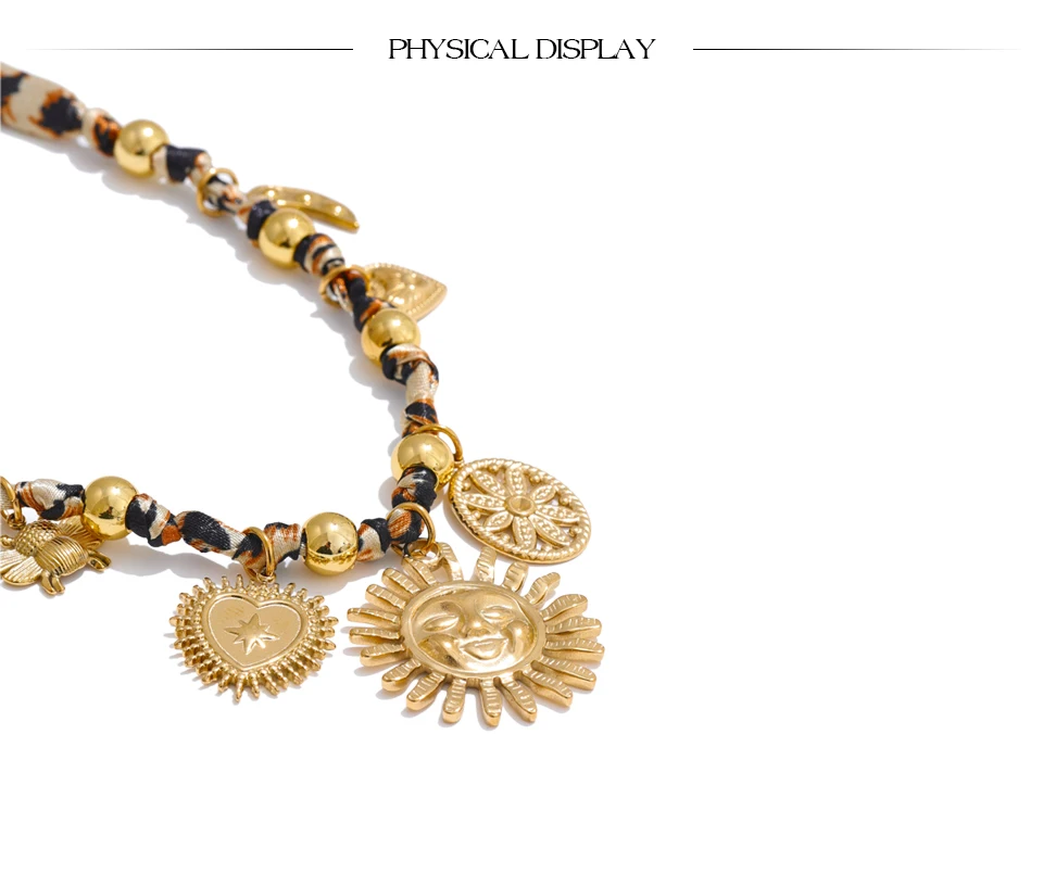 Yhpup Beliebte Edelstahl-Halskette mit Leopardenmuster, Polyester, Sonnenblume, Herz, Insekt, Tropfenkragen, 18 Karat PVD-beschichtet, Modeschmuck, Geschenk – Detail 10