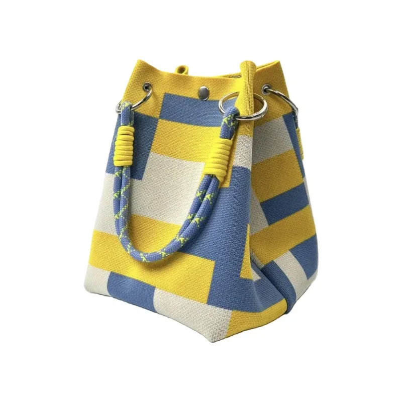 

Многоцветная винтажная вязаная сумка-ведро, простая сумка-тоут с цветовыми блоками, универсальная вместительная сумка через плечо для женщин, для поездок и путешествий