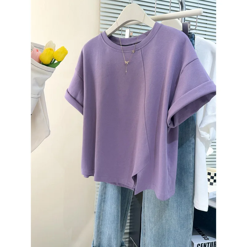 Lavender Purple Irregular Split Hem Rolled Short Sleeve T-Shirt Women Crew Neck Loose Casual Basic Tee