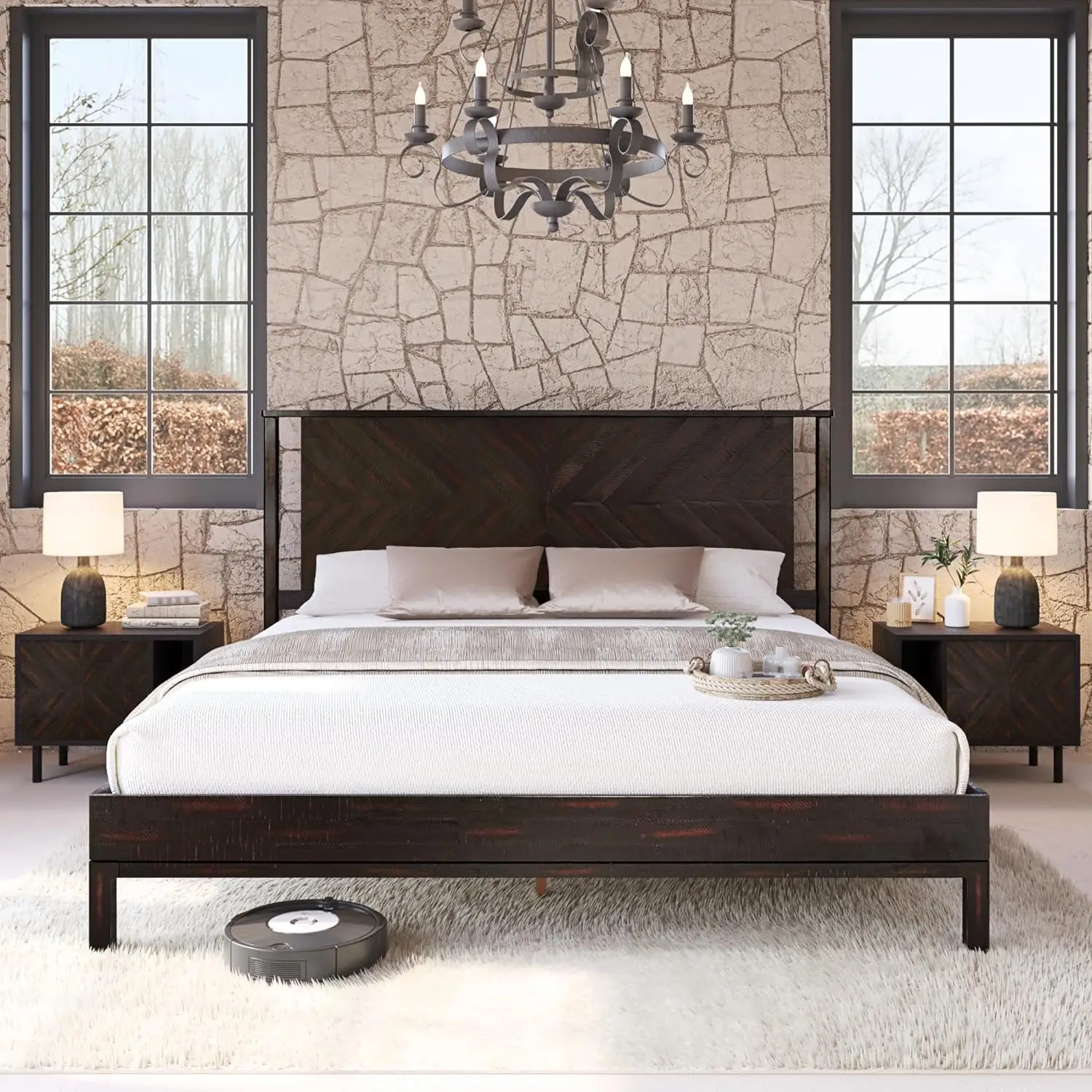 

14 Inch Deluxe Bed Frame with Headboard, Rustic & Scandinavian Style with Solid Acacia Wood, No Box Spring Needed King