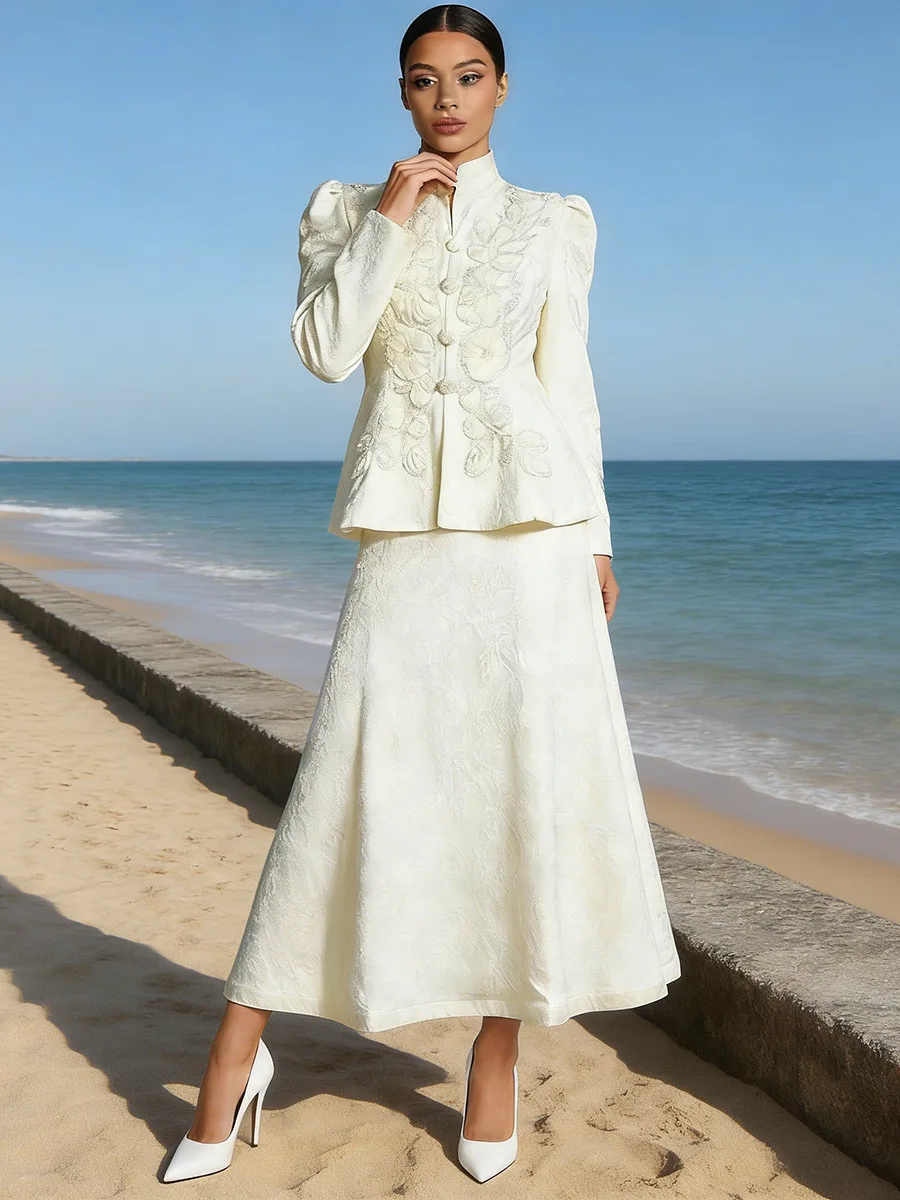 Spring Autumn Elegant Solid Color Skirt Suit Women Long Sleeves 3D Flower Coat+high Waist Knee Length Skirt Female Two Piece Set