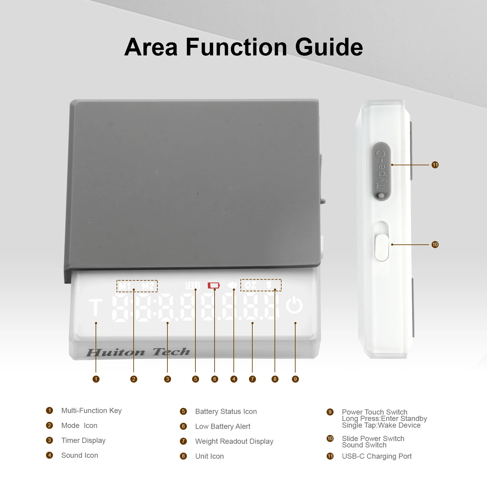 Huiton Küchenkaffeewaage mit Timer, wiederaufladbare Digitalwaage, 0,1 g, hohe Präzision, 3 Modi, Tropf-Espresso-Waage, Barista-Geschenk