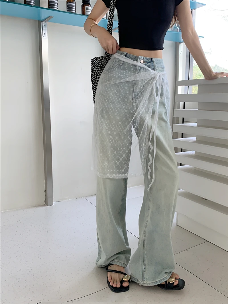 

High Waist Lace Trim Loose Fit Casual Jeans Women's Spring 2026 New Style Wide Leg Pants Comfortable Slimming Long Trousers