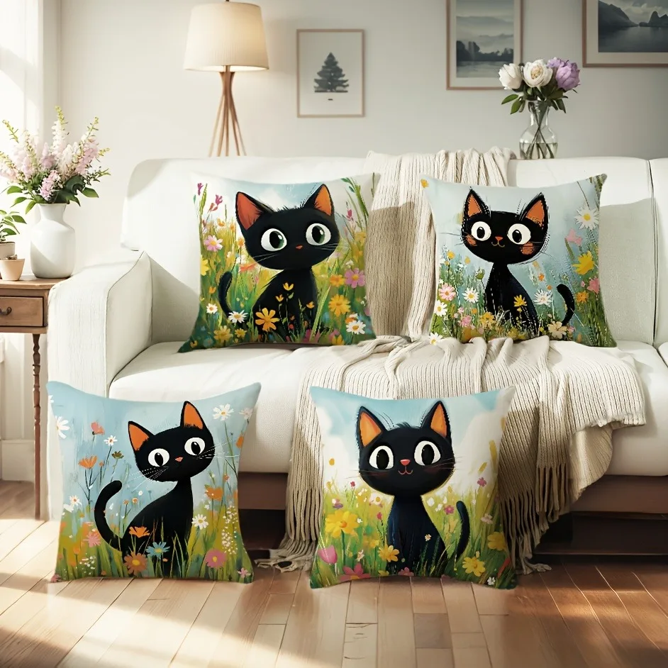 Cute Black Cat - Floral Pillow CoversLiving room sofa cushion cover, soft and comfortable, bedroom room decoration