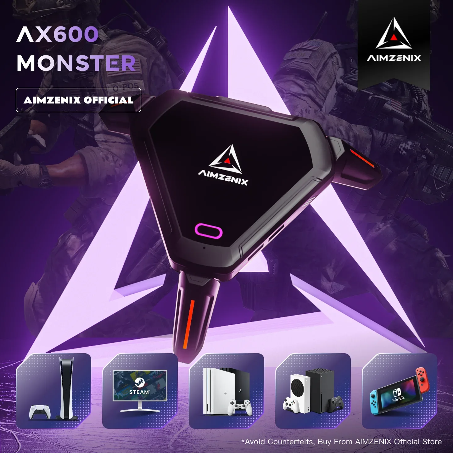 

AIMZENIX AX600 MONSTER K&M Game Adapter for PS5, PS4, XONE, X360, XSS, XSX, N-Switch, Supports 3.5mm Headphones, APP
