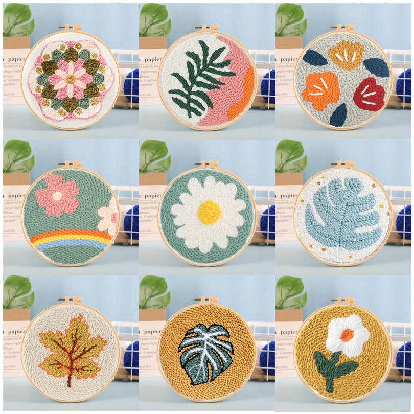 Cute Plants Punch Needle Starter Kits Soft Yarn Punch Needle Embroidery Kit Easy Embroidery Needlework Wool Work Home Decor