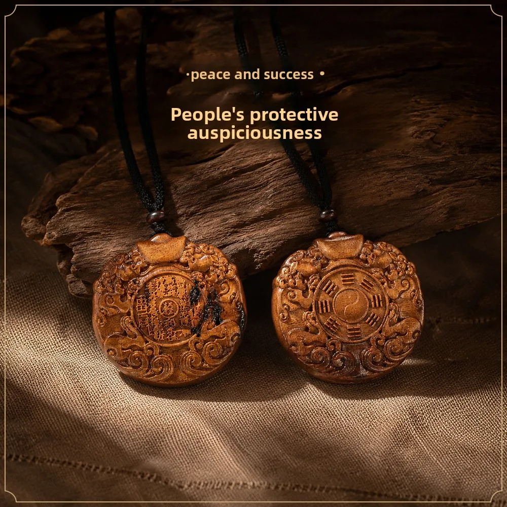 Chinese Thunder Struck Jujube Wood Pendant Mountain Ghost Yuan Bao Lucky Amulet Peace Wealth Attracting Retro Unisex Jewelry Gif