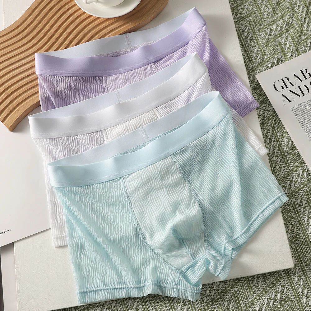 1/3PCS Smooth Ice Silk Menswear Underwear Sexy Perspective Lace Men's Panties Quick-dry Breathable Mesh 3D Crotch Boxers Hombre