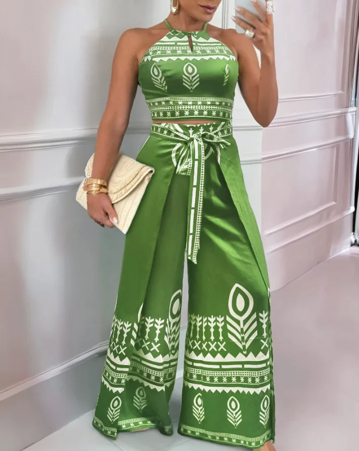 

Women's 2 Piece Trousers Outfits Summer New Fashion Floral Print Halter Lace Up Crop Tank & Casual Wide Leg Pants Set for Women