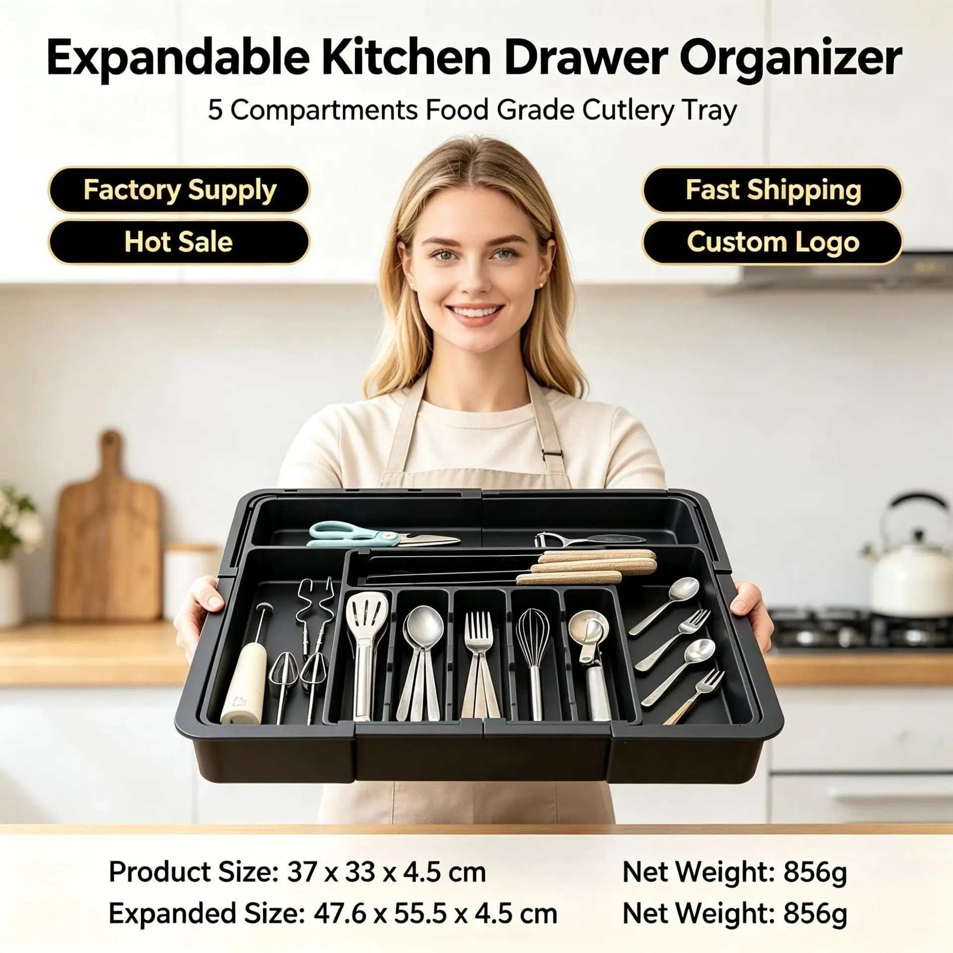 Upgraded Food-grade Five-partition Knife and Fork Storage Tray, Kitchen Tableware Neat Sorting Box Kitchen Storage Organization