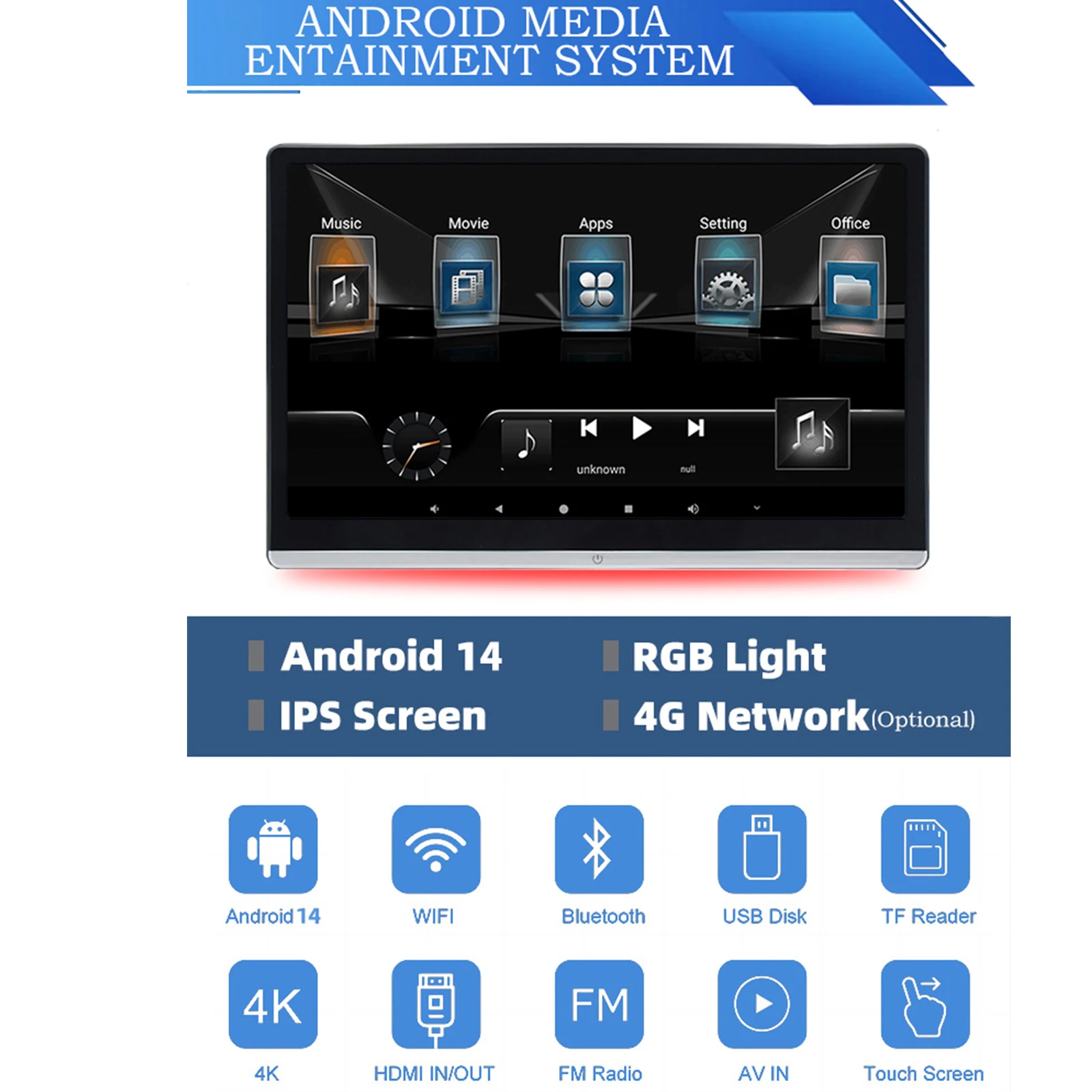 

14" Universal Rotatable Car Headrest Monitor Dual Screen HD Video Player WiFi Bluetooth Airplay Mirror Link Multimedia Player