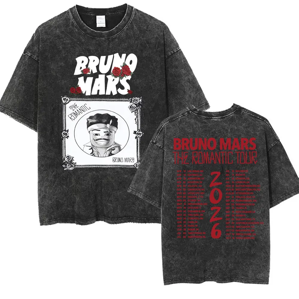 Vintage Washe Bruno Mars The Romantic 2026 Tour Tshirt Men Women Fashion Hip Hop Streetwear T-shirts Casual Cotton Loose T Shirt