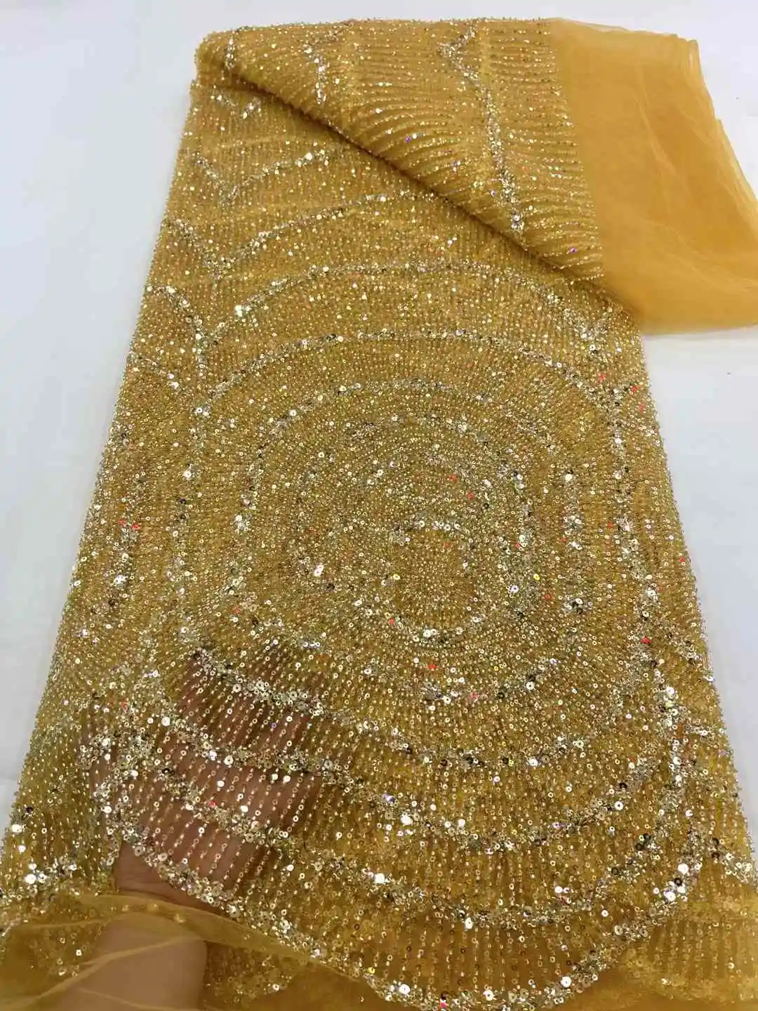 Gold African Heavy Beaded Lace Fabric 2024 High Quality Nigerian Sequins Groom Lace French Tulle Fabric For Party Dress Sewing