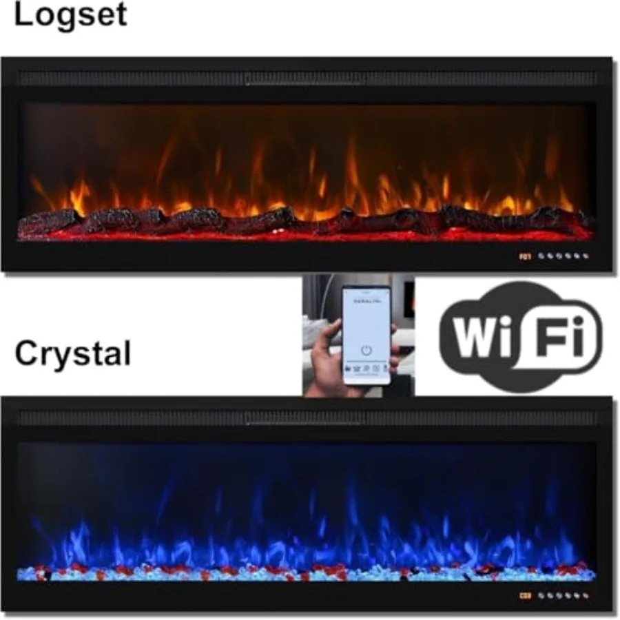 Wall Mounted and Recessed Electric Fireplace with App Remote Touch Screen Control Realistic Log Set and Crystal Accents 13 Adju