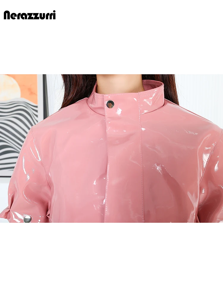 Nerazzurri Autumn Short Chic Hard Pink Shiny Patent Leather Jacket Women with Detachable Sleeves Zip Up Luxury Designer Clothes