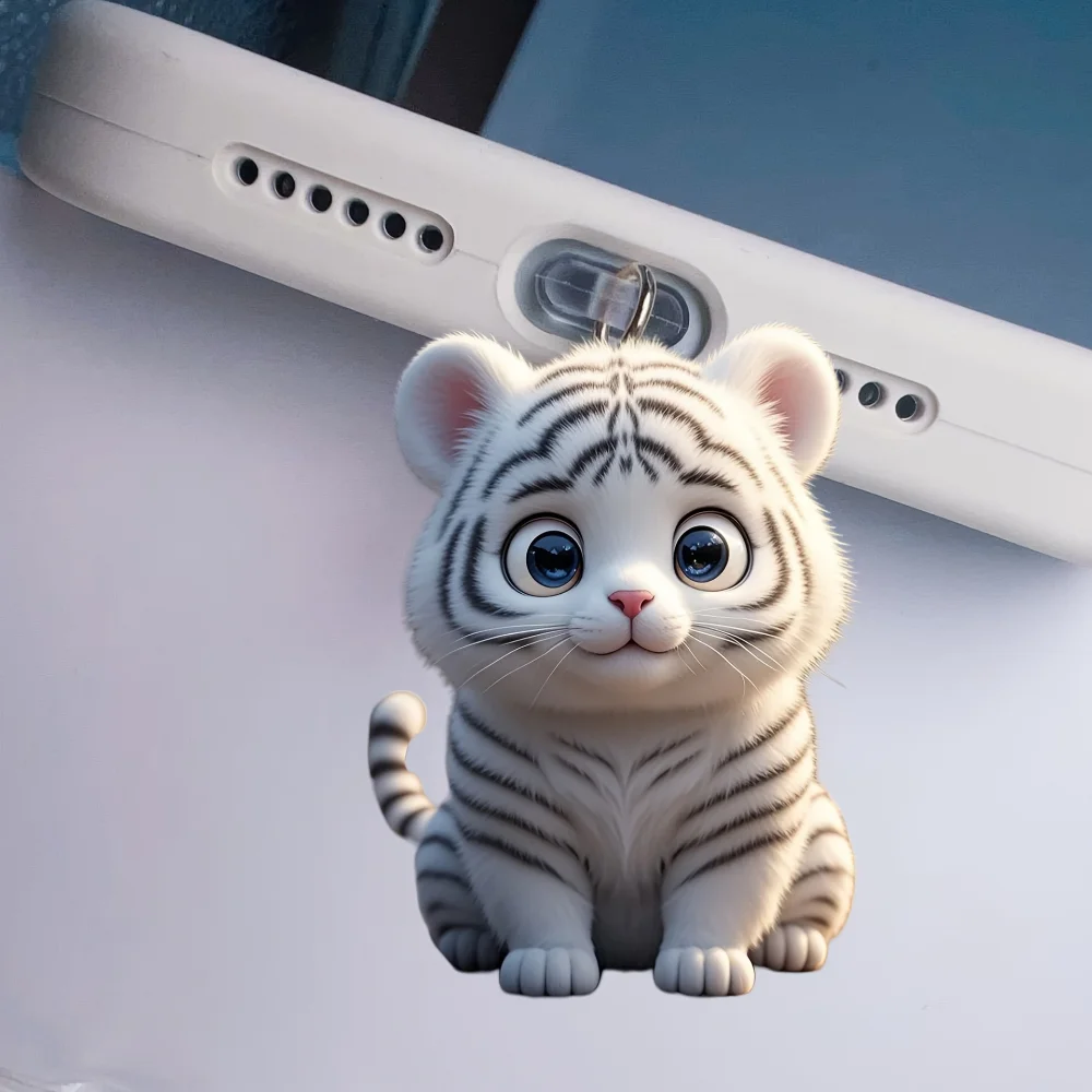 2D schattige witte tijger acryl telefoon stofplug voor ovale oplaadpoort schattige anti-stofkap diervormige opladerbeschermer