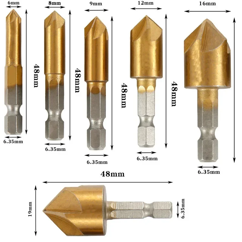 6pcs HSS Chamfer Drill Bit Hex Shank Titanium Plated Five-blades Woodworking Reaming Countersink Drill Set 6 8 9 12 16 19mm