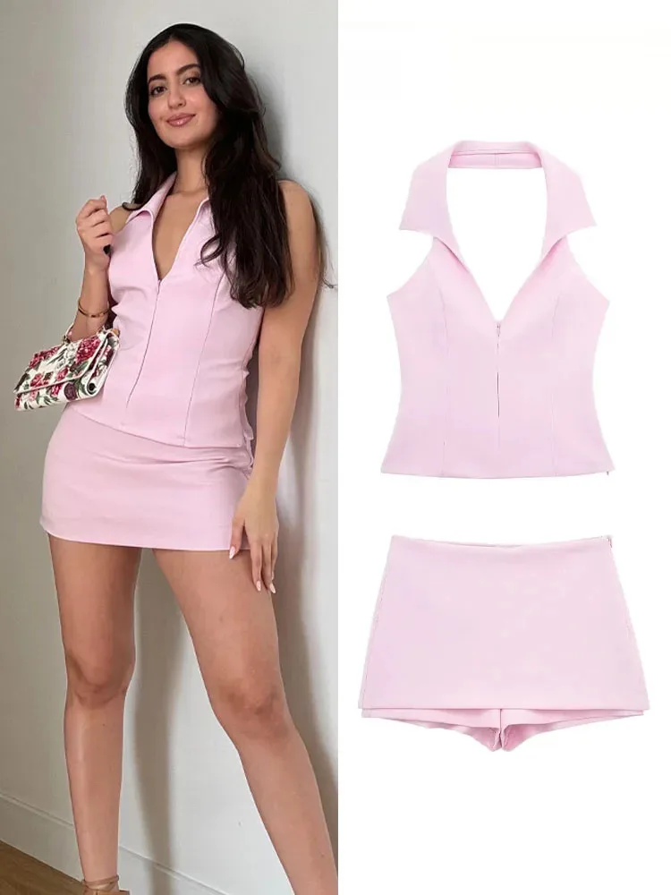 

HH женский розовый комплект из 2 предметов, сексуальный топ с v-образным вырезом без рукавов и открытой спиной на подтяжках на молнии + мини-юбки с высокой талией и задним карманом, шорты Y2K