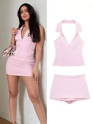 HH Women Pink 2 Piece Set Sexy V-Neck Sleeveless Backless Suspender Zipper Top+High Waist Back Pocket Mini Skirts Shorts Y2K