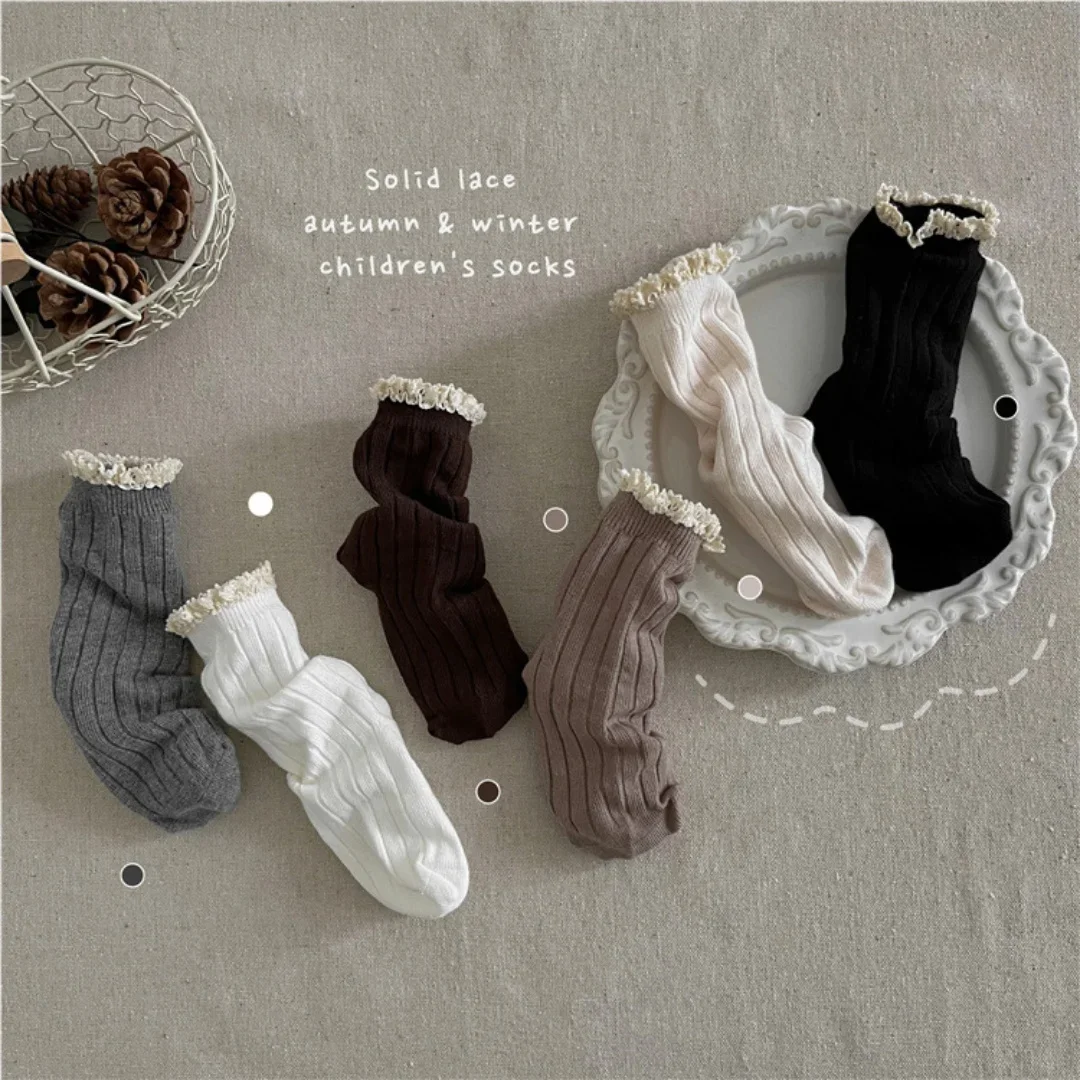 3-12Y جوارب بتمشيط 2025 الأطفال الجوارب الفتيات الطفل القطن كشكش تقليم طاقم الجوارب القطن سلس الأميرة نمط منتصف العجل الجوارب